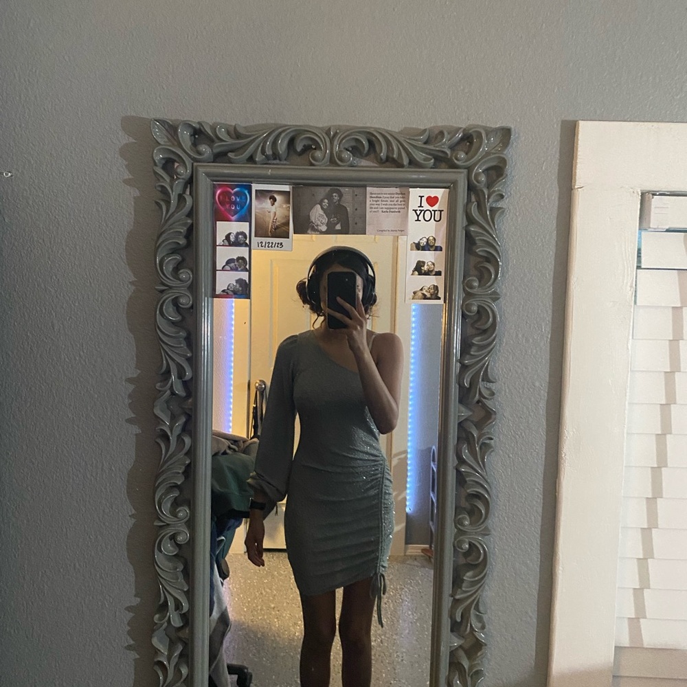 small windsor sparkly very light sage short one shoulder dress.